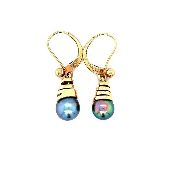 14K Gold Tahitian Pearl Dangle Earrings - Picture 1 of 7
